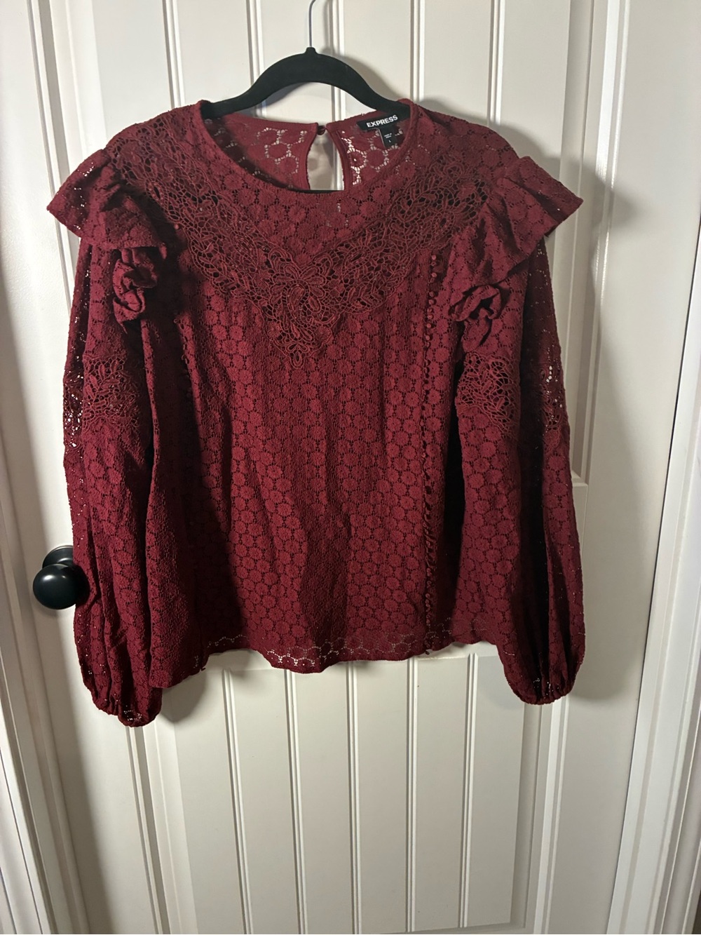 Express Women's Wine Lace Ruffled Long-Sleeve Blouse Large
